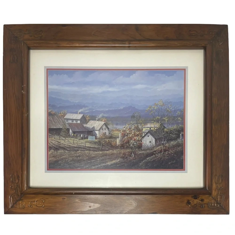 Vintage Picture Farmhouse Cottage Amish Country Hand Crafted Engraved Wood Frame